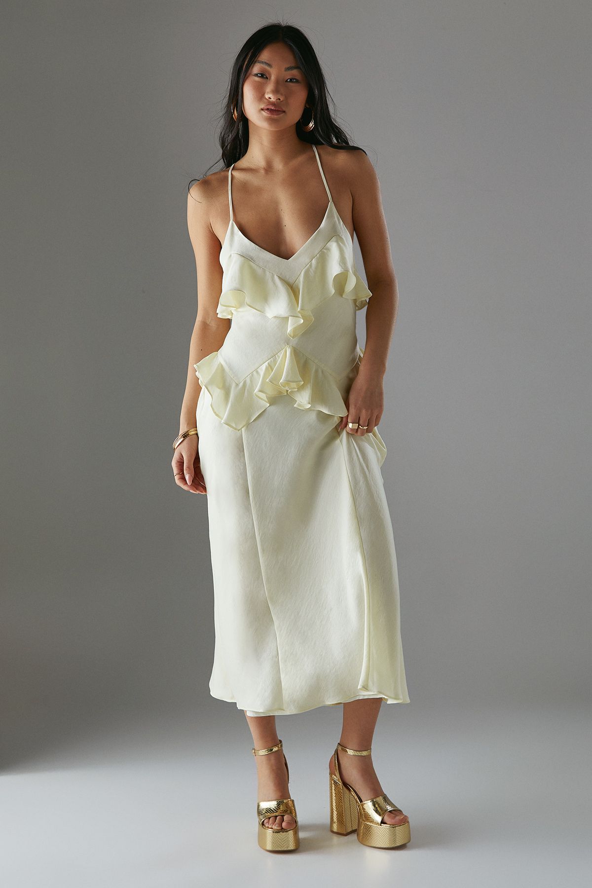 Warehouse Petite Ruffle Detail Bias Satin Dress Yellow