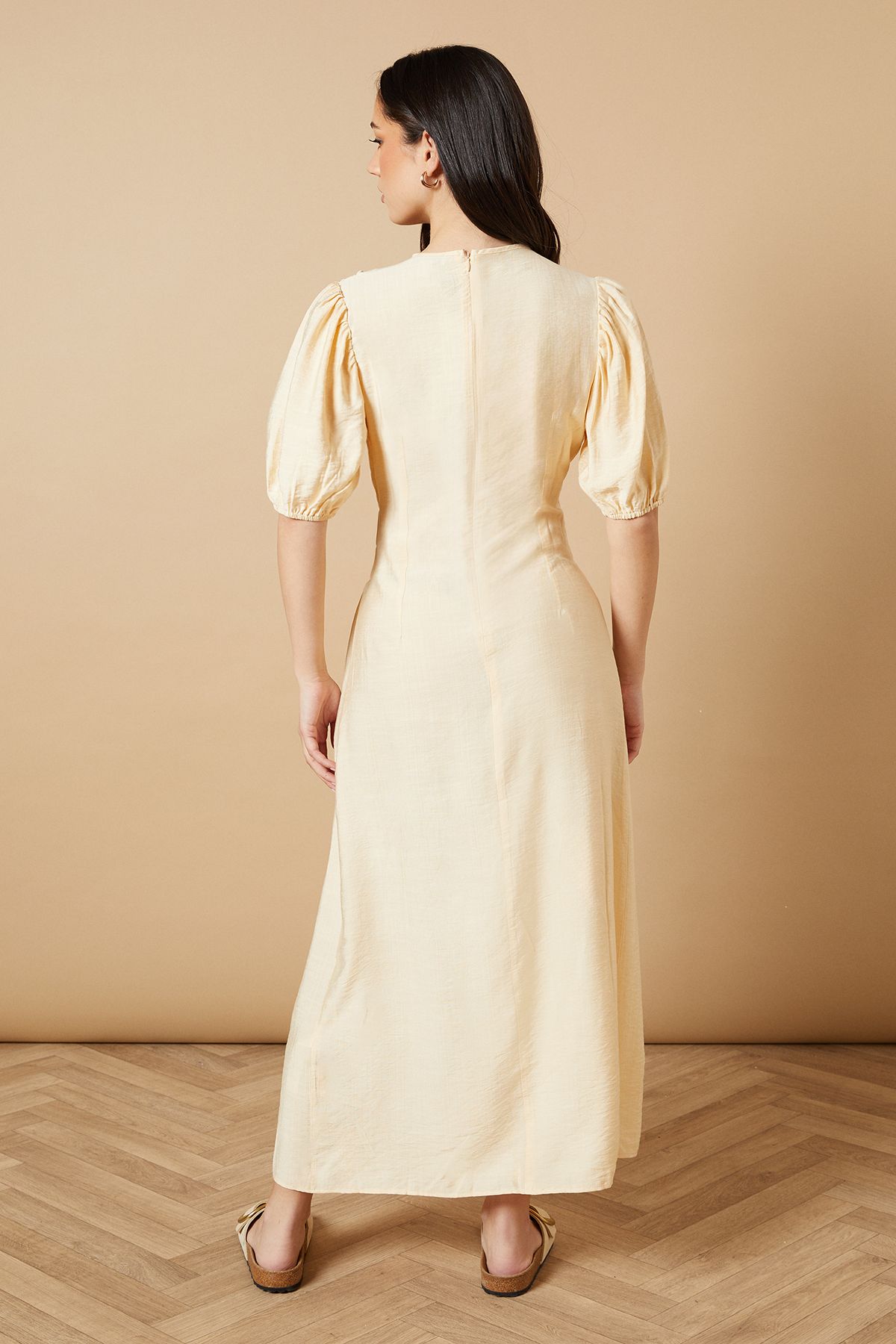 Oasis Shirred Bodice Puff Sleeve Midi Dress Yellow image 3