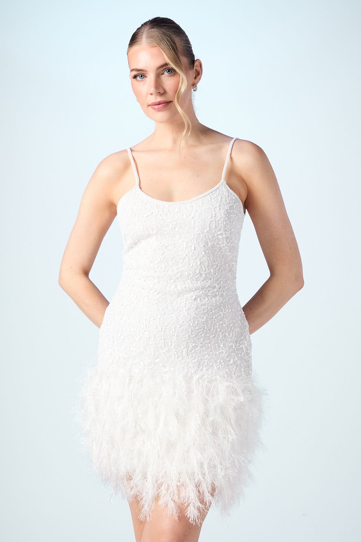 Coast Embellished Sequin Feather Style Bridal Mini Dress Ivory image 1