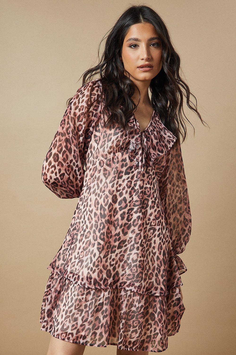 Oasis Ruffle Neckline Chiffon Mini Dress Animal image 5
