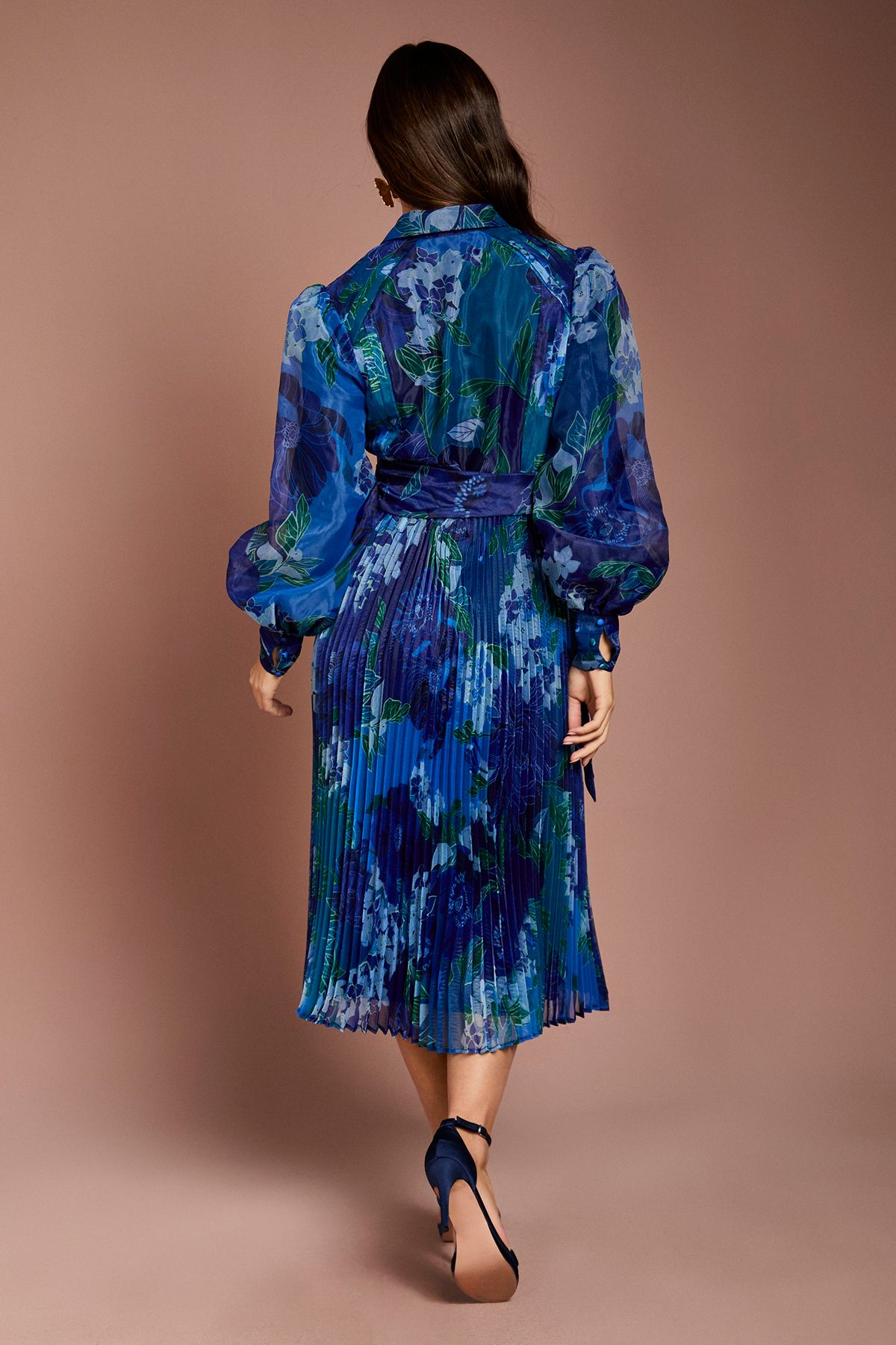 Coast Organza Floral Pleated Midi Shirt Dress Blue image 3