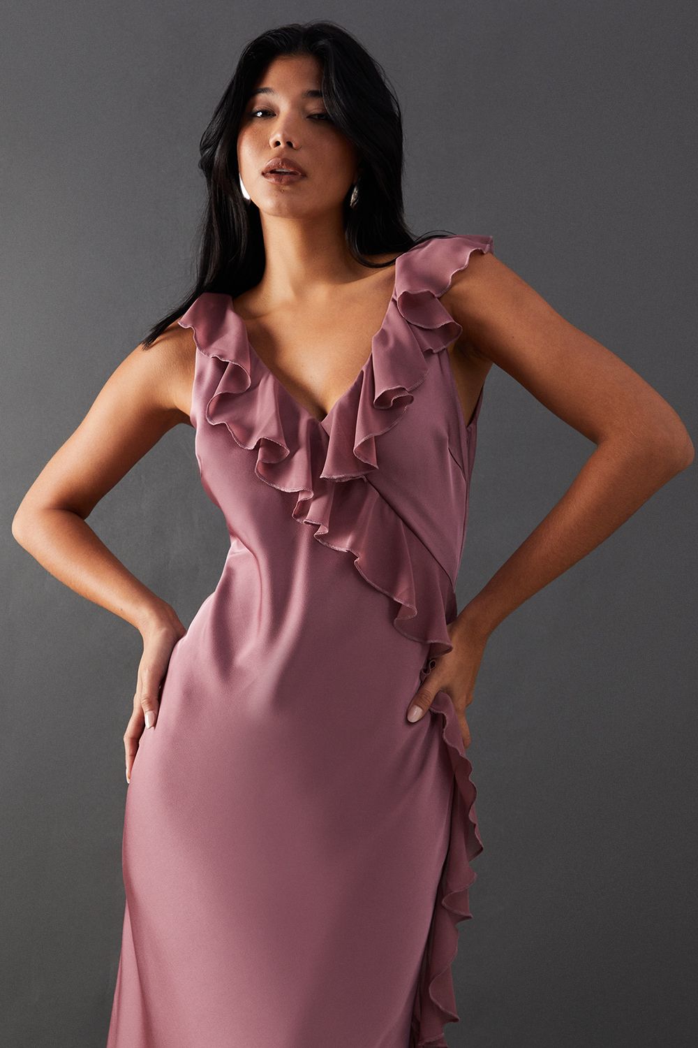 Warehouse Satin Wrap Chiffon Frill Detail Midi Dress Mauve image 4