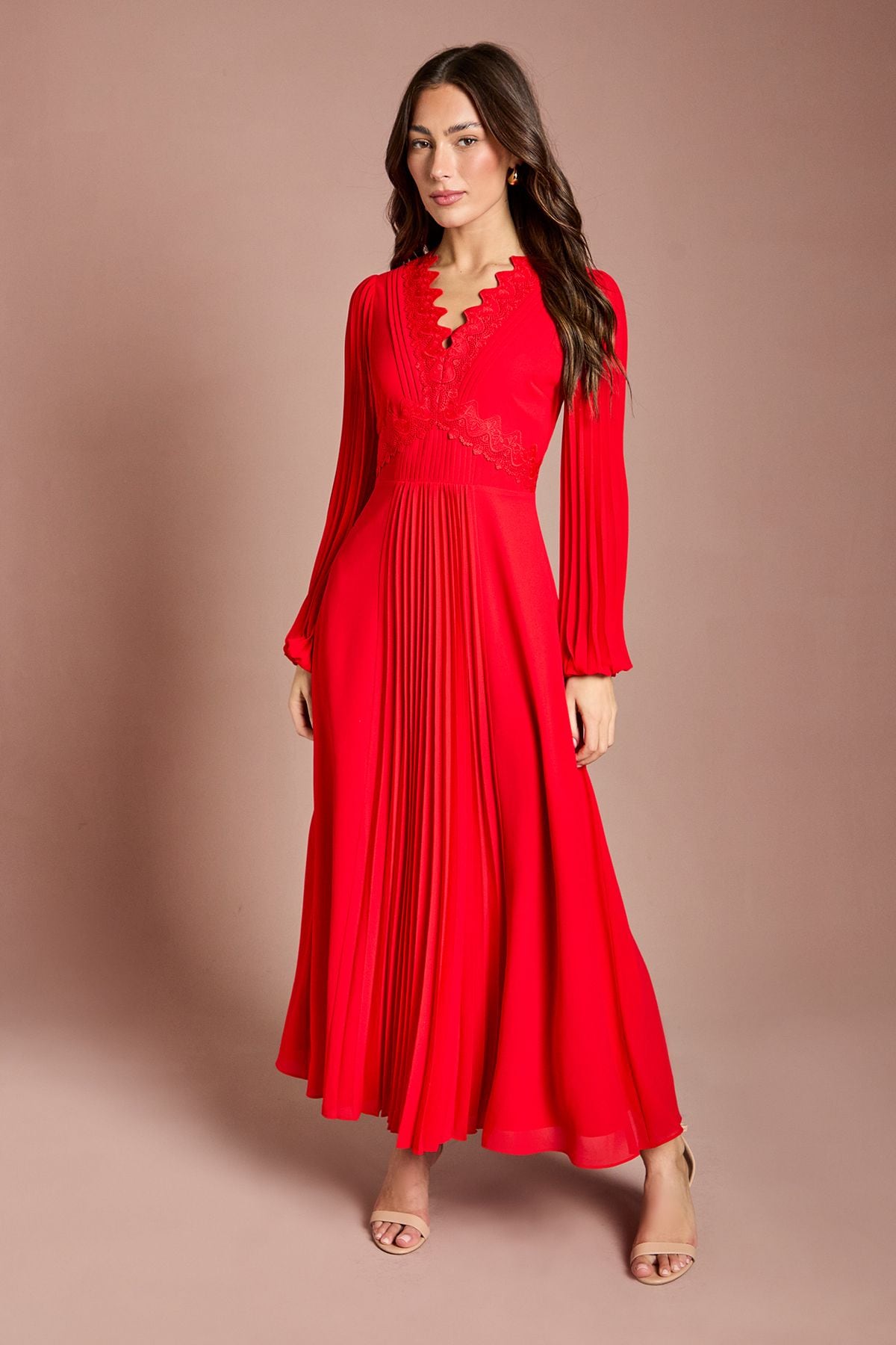 Coast Pleat Detail Lace Trim Maxi Dress Flame Red