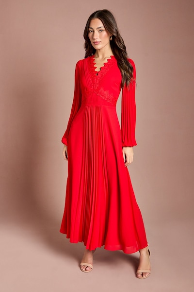 Coast Pleat Detail Lace Trim Maxi Dress Flame Red
