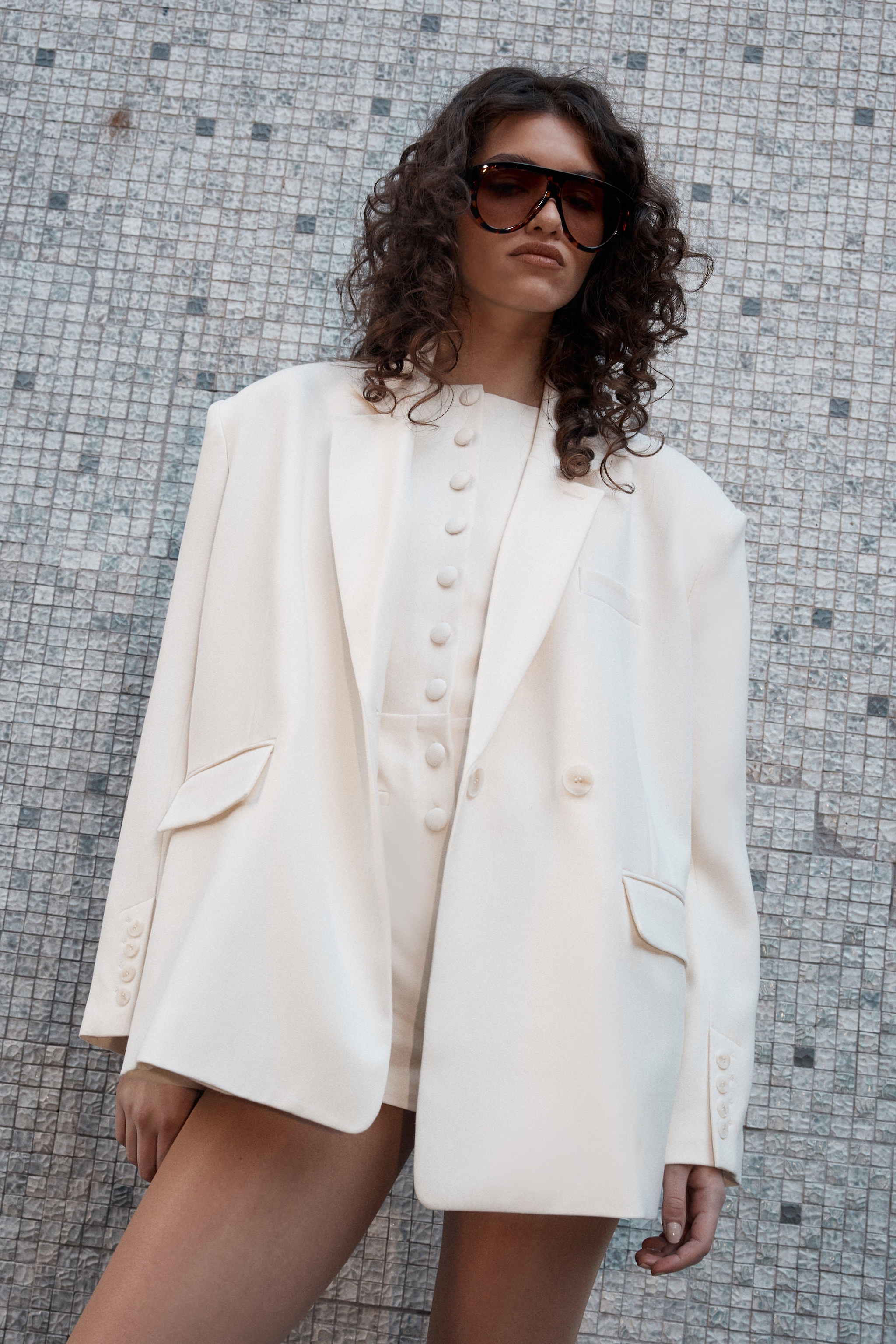 NastyGal Essentials Tailored Oversized Double Button Blazer Ivory image 1