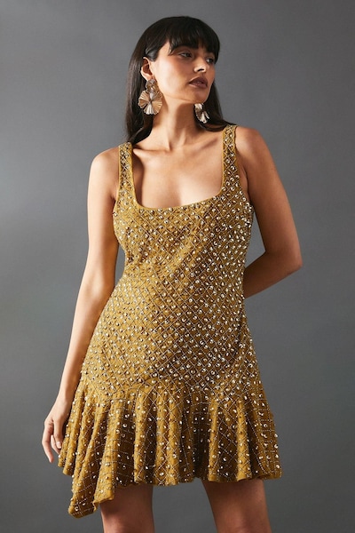 Warehouse Hand Embellished Sequin Square Neck Flippy Mini Dress Bronze