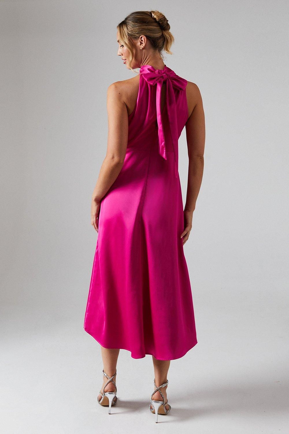 Oasis Oasis By Coast Satin Halter Neck Midi Bridesmaid Midi Dress Bright Pink image 3