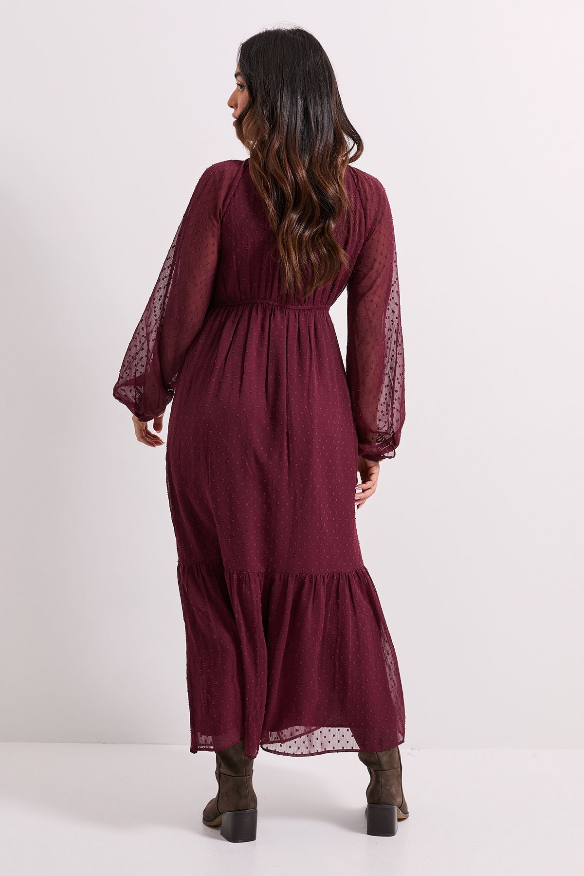 Dorothy Perkins Petite Dobby Chiffon Tiered Blouson Sleeve Midaxi Dress Chocolate image 3