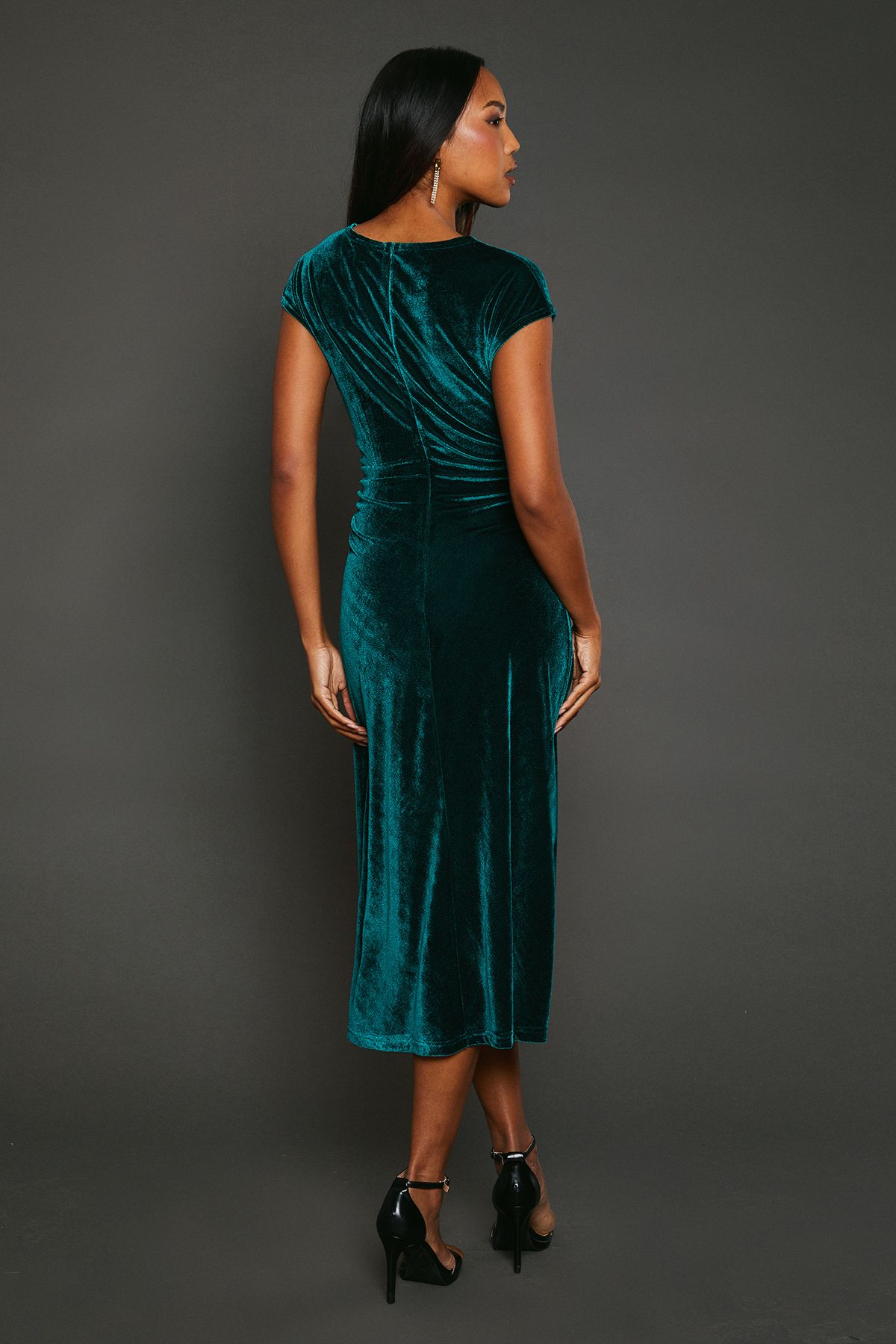 Principles Green Velvet Ruched Waist Midi Dress Green image 3