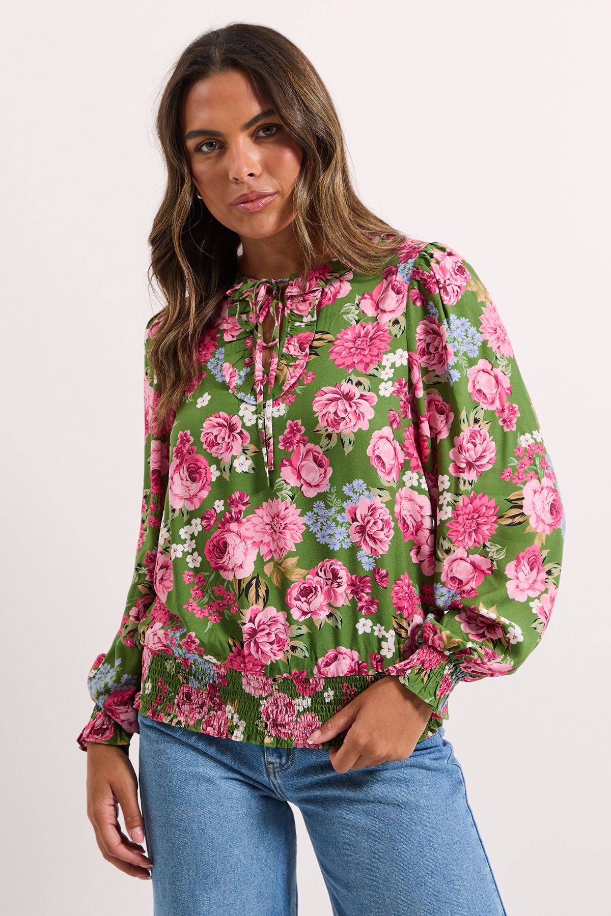 Dorothy Perkins Floral Shirred Hem Tie Front Long Sleeve Top Floral image 2