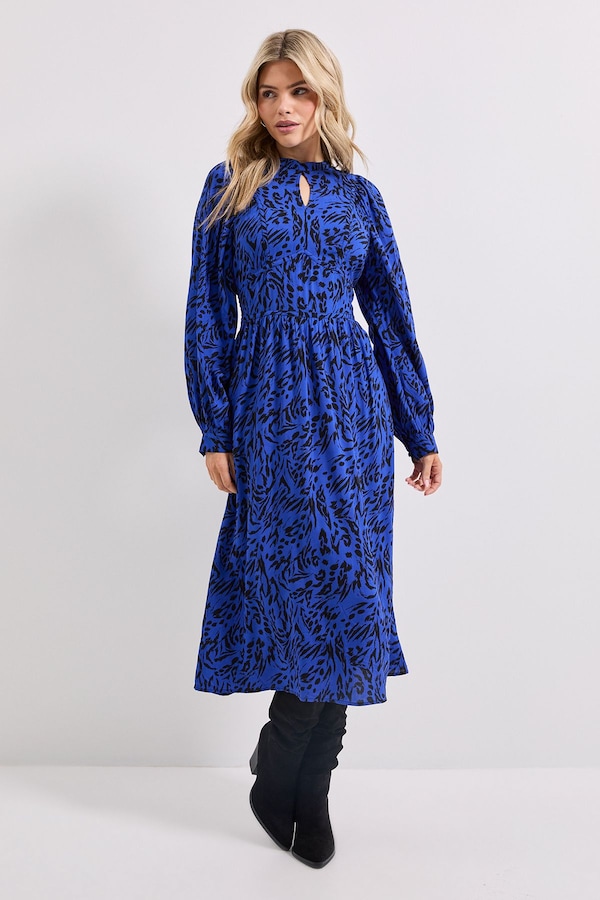 Dorothy Perkins Keyhole Detail Waisted Blouson Sleeve Printed Midi Dress Blue