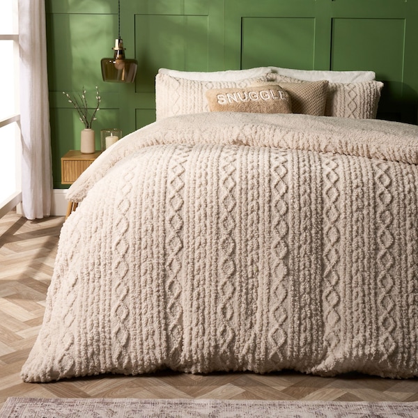 OHS Cable Knit Fleece Duvet Cover Set Warm Reversible Bedding