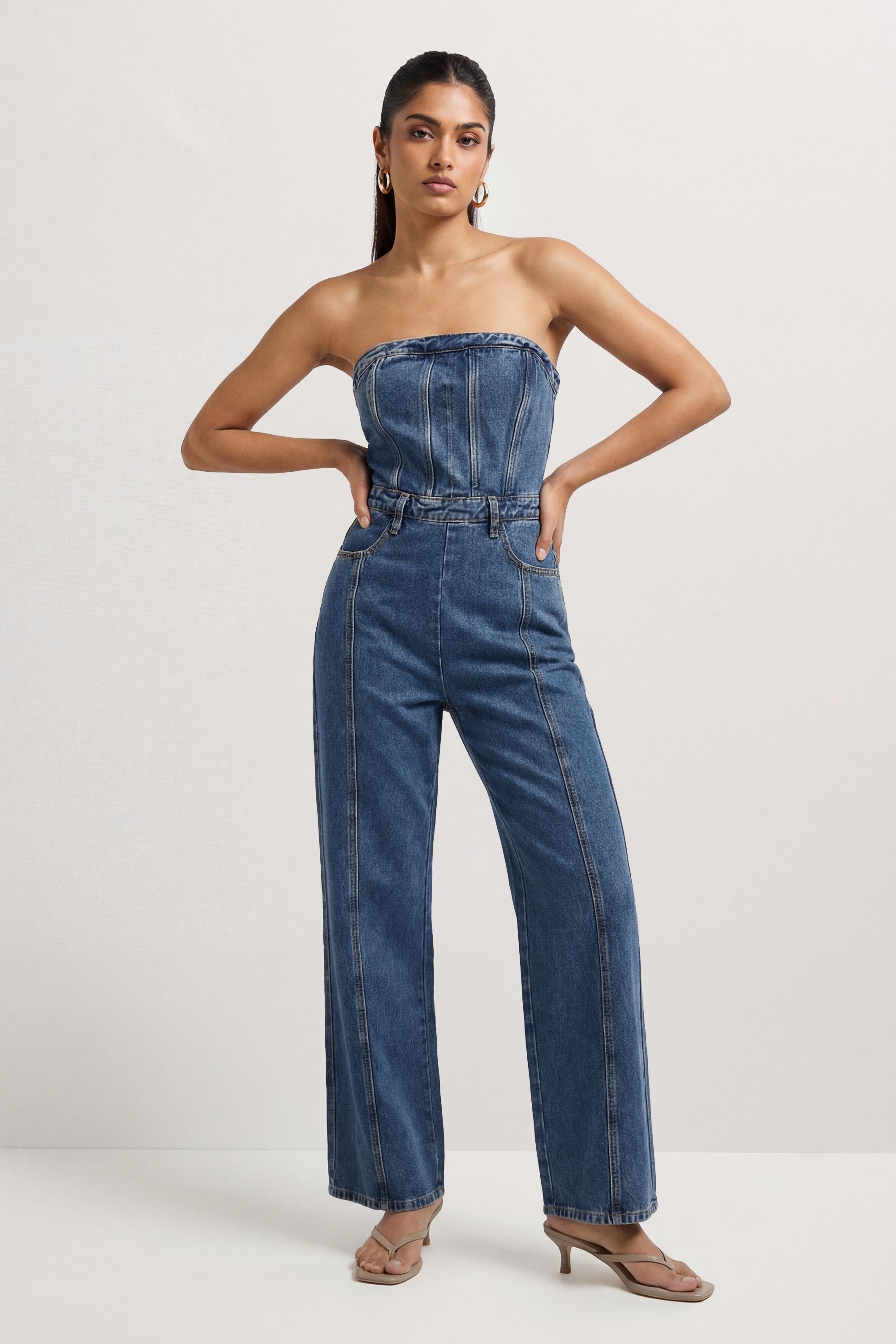 MissPap Bandeau Denim Wide Leg Jumpsuit Mid Wash