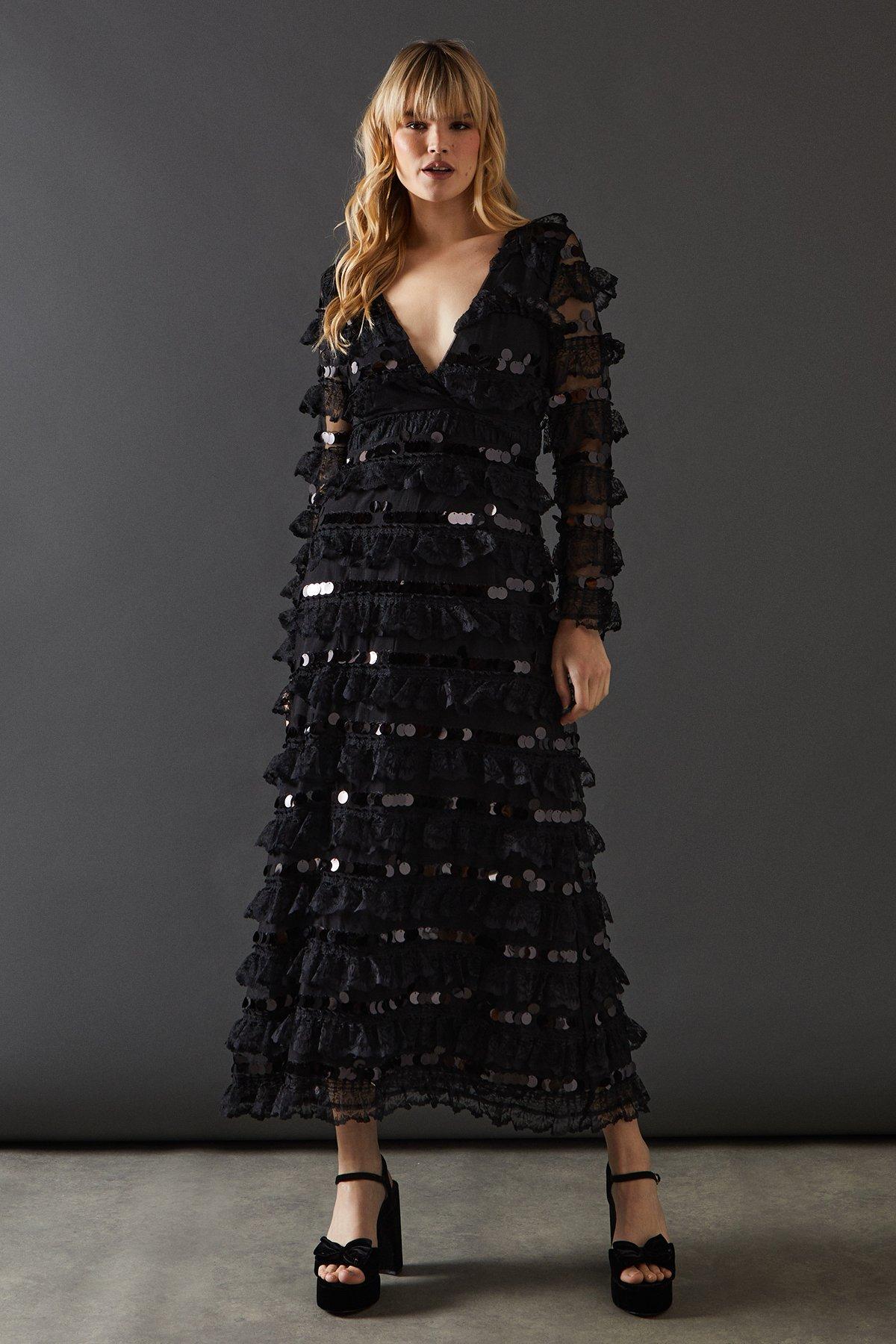 Warehouse Premium Lace Sequin Frill Tier Plunge Neck Maxi Dress Black image 1