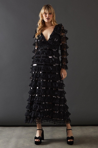 Warehouse Premium Lace Sequin Frill Tier Plunge Neck Maxi Dress Black