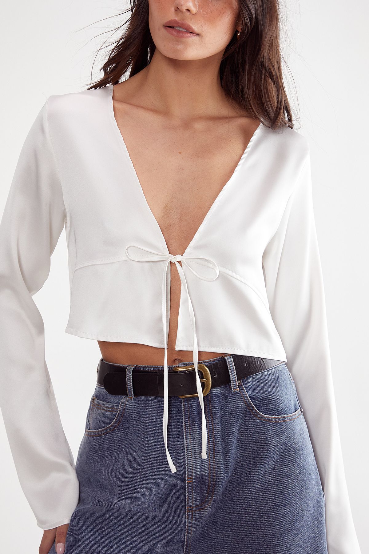 NastyGal Satin Tie Front Long Sleeve Top Champagne image 5