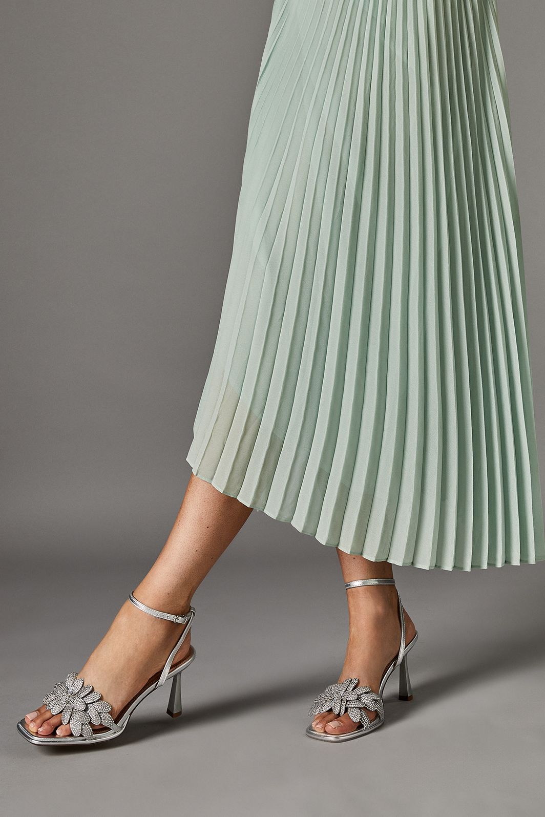 Coast Sandie Faux Metallic Leather Diamante Petal High Heel Platform Sandals Silver image 1