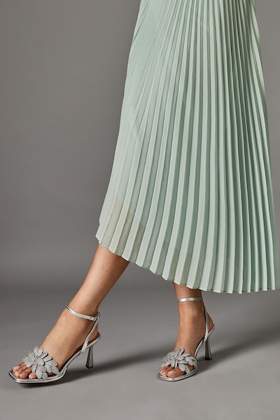 Coast Sandie Faux Metallic Leather Diamante Petal High Heel Platform Sandals Silver