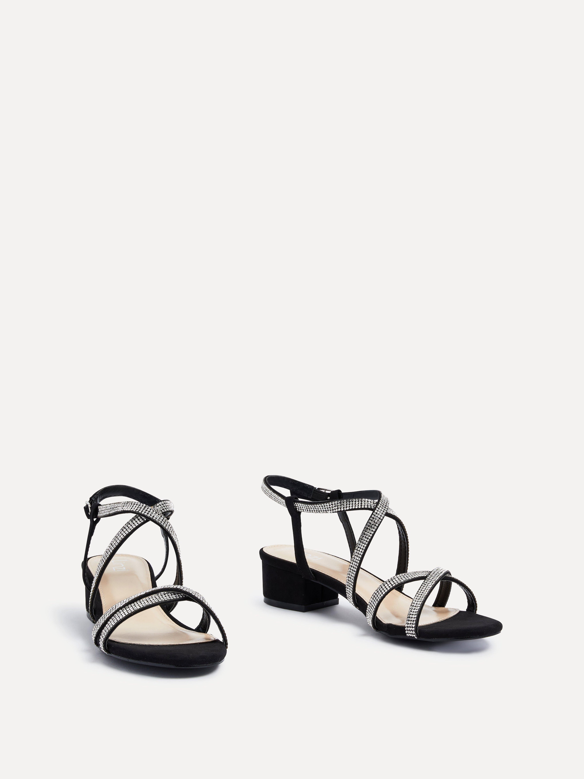 Linzi Glow Black Faux Suede Crossover Diamante Straps Low Block Heeled Sandal image 3