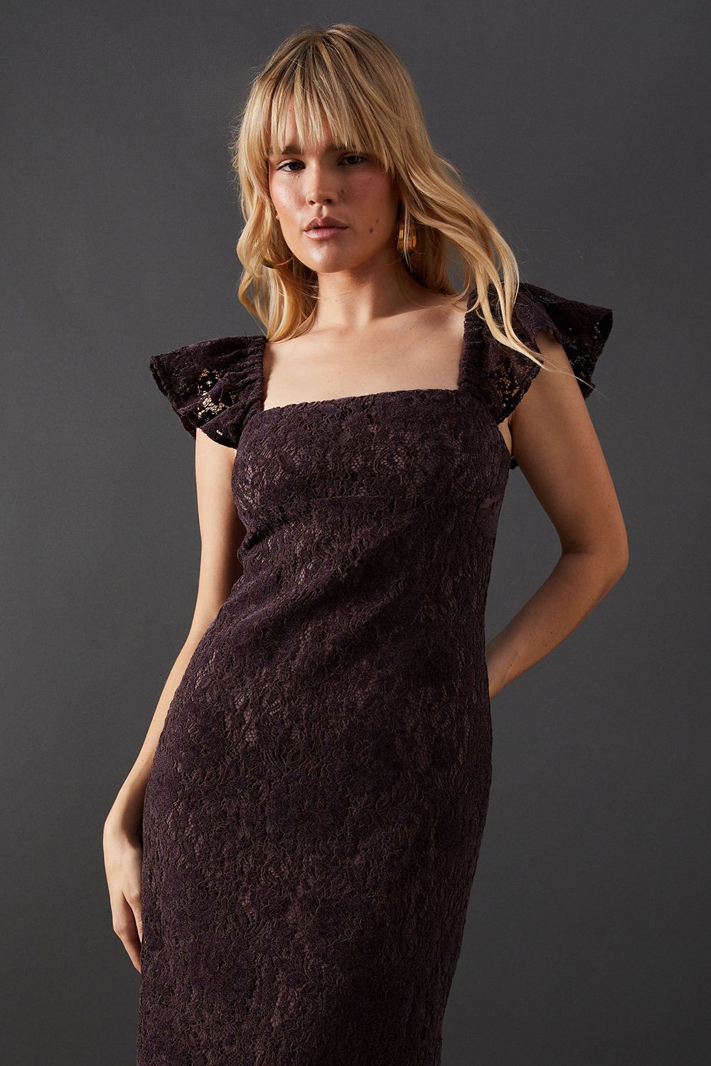 Warehouse Premium Lace Square Neck Frill Strap Midi Dress Aubergine image 4
