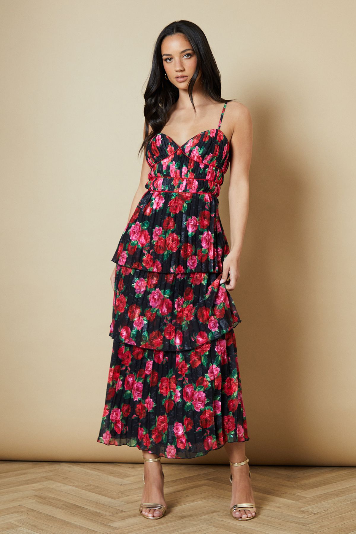 Oasis Pleated Tiered Midi Dress Black image 2