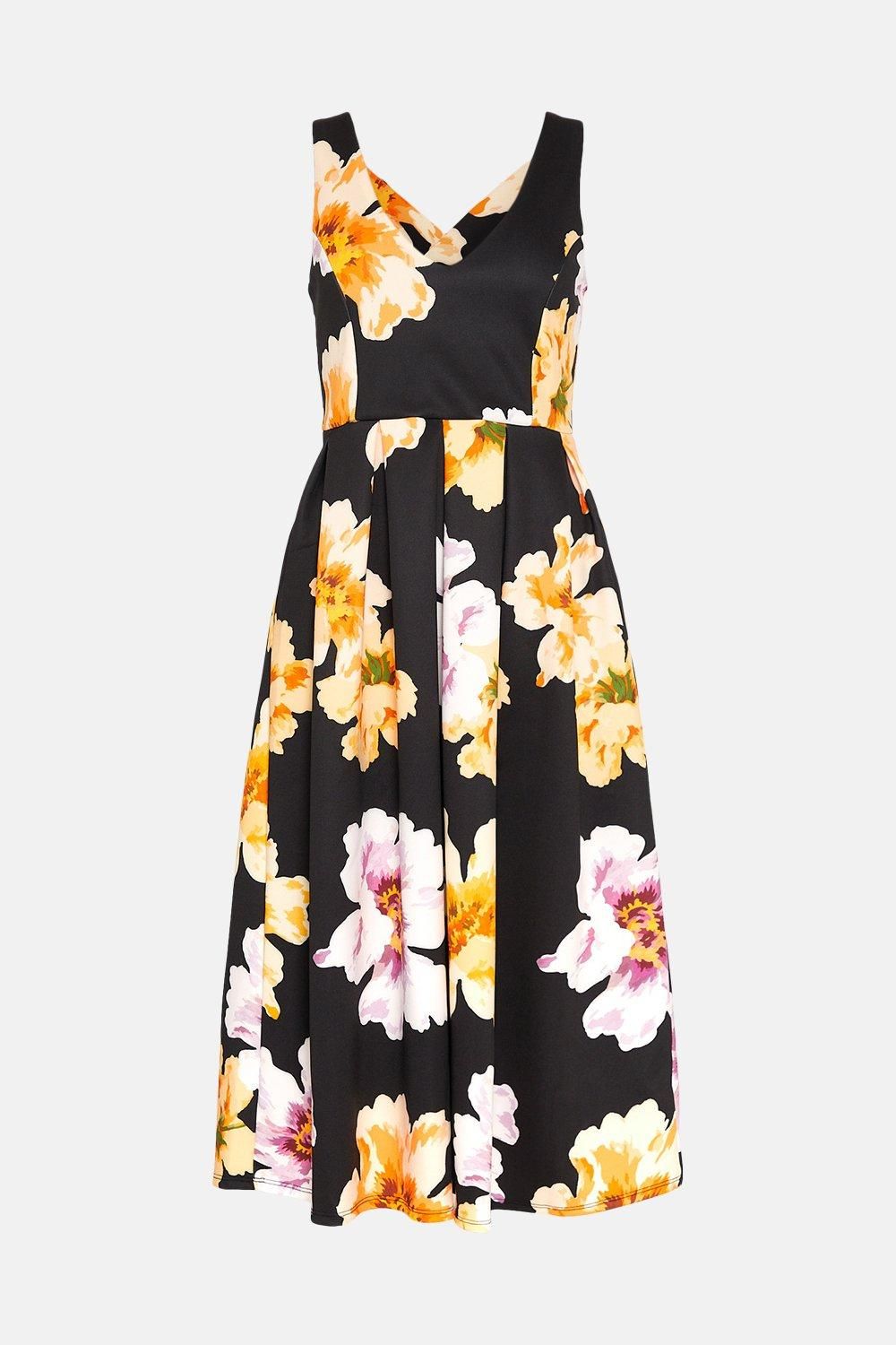 Oasis Large Floral Cross Back Scuba Midi Dress Black image 4