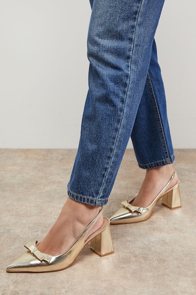 Oasis Vala Faux Metallic Leather Bow Detail Slingback High Block Heel Court Shoes Gold