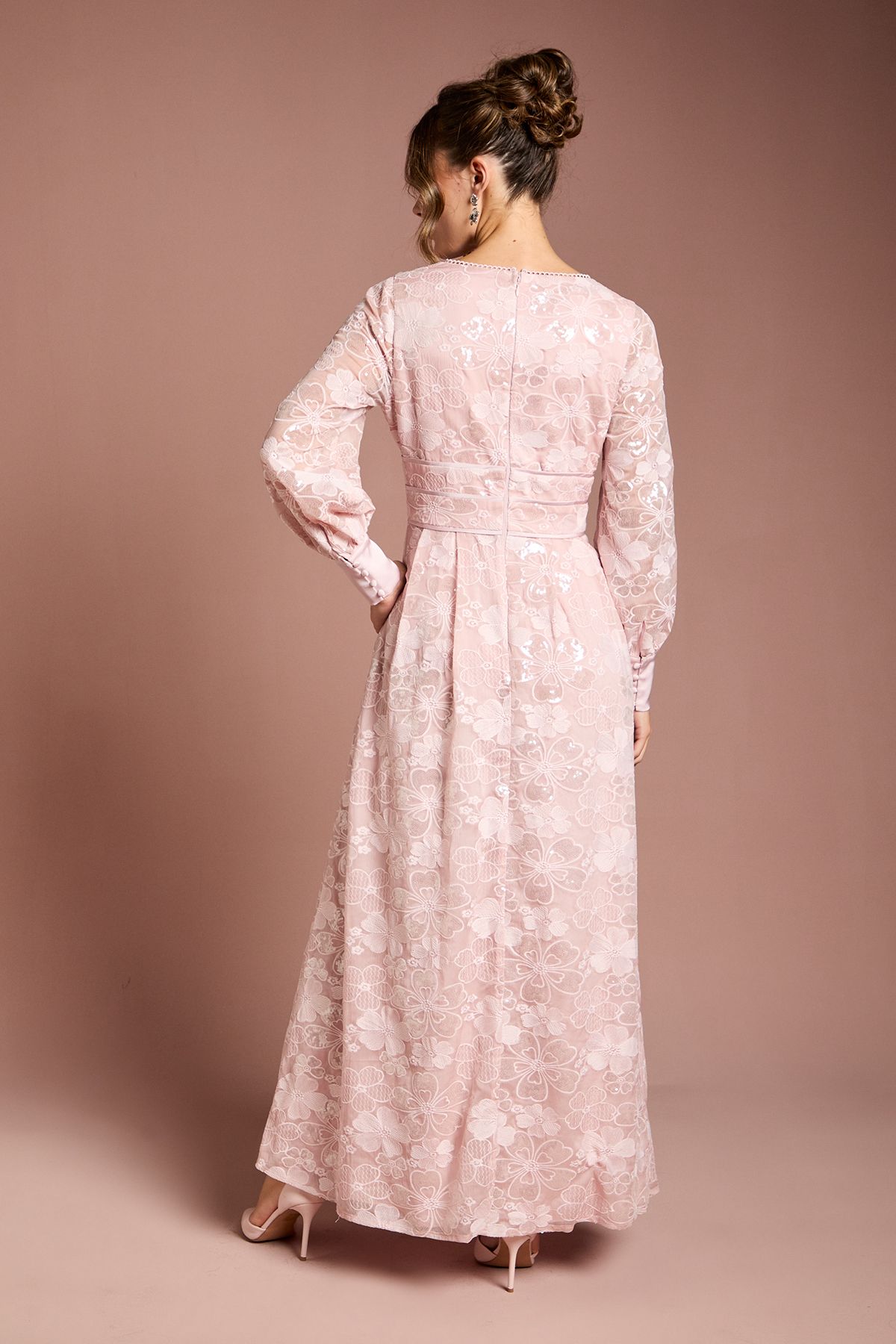 Coast Blouson Sleeve V Neck Sequin Floral Mesh Midaxi Dress Blush image 3