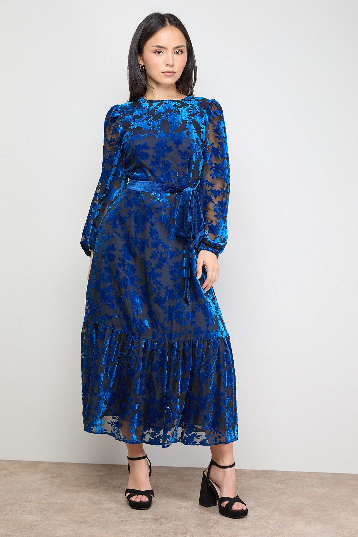 Oasis Petite Velvet Contrast Belted Maxi Dress Blue