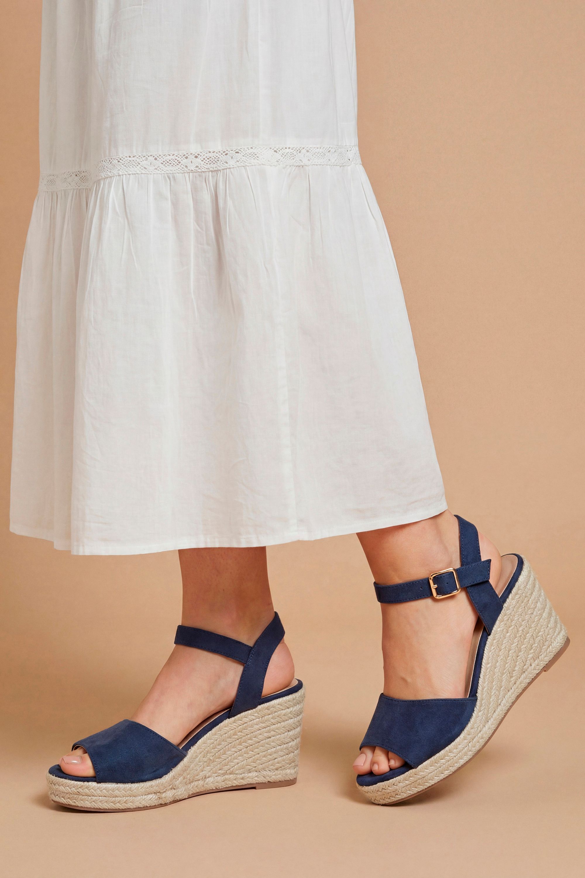 Dorothy Perkins Wide Fit Rebekah Faux Suede Peep Toe Espadrille Wedge Sandals Navy
