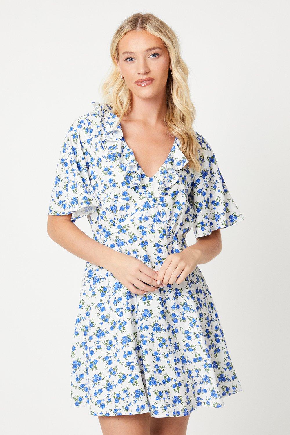 Dorothy Perkins Ivory Ditsy Flutter Sleeve Frill Mini Dress Ivory image 1