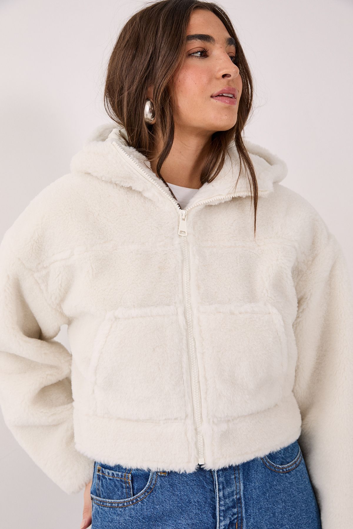 NastyGal Quilted Borg Hooded Jacket Cream image 1