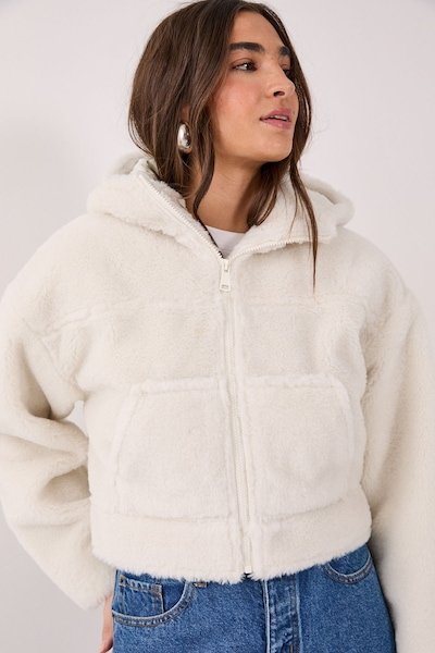 NastyGal Quilted Borg Hooded Jacket Cream