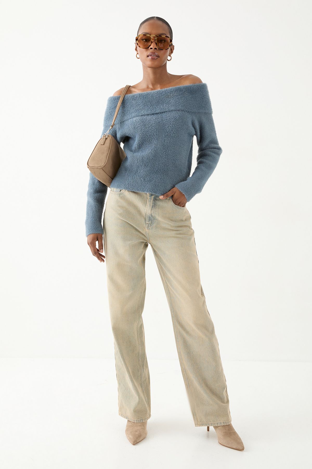 MissPap Eyelash Knit Fold Over Detail Top Slate Blue image 1