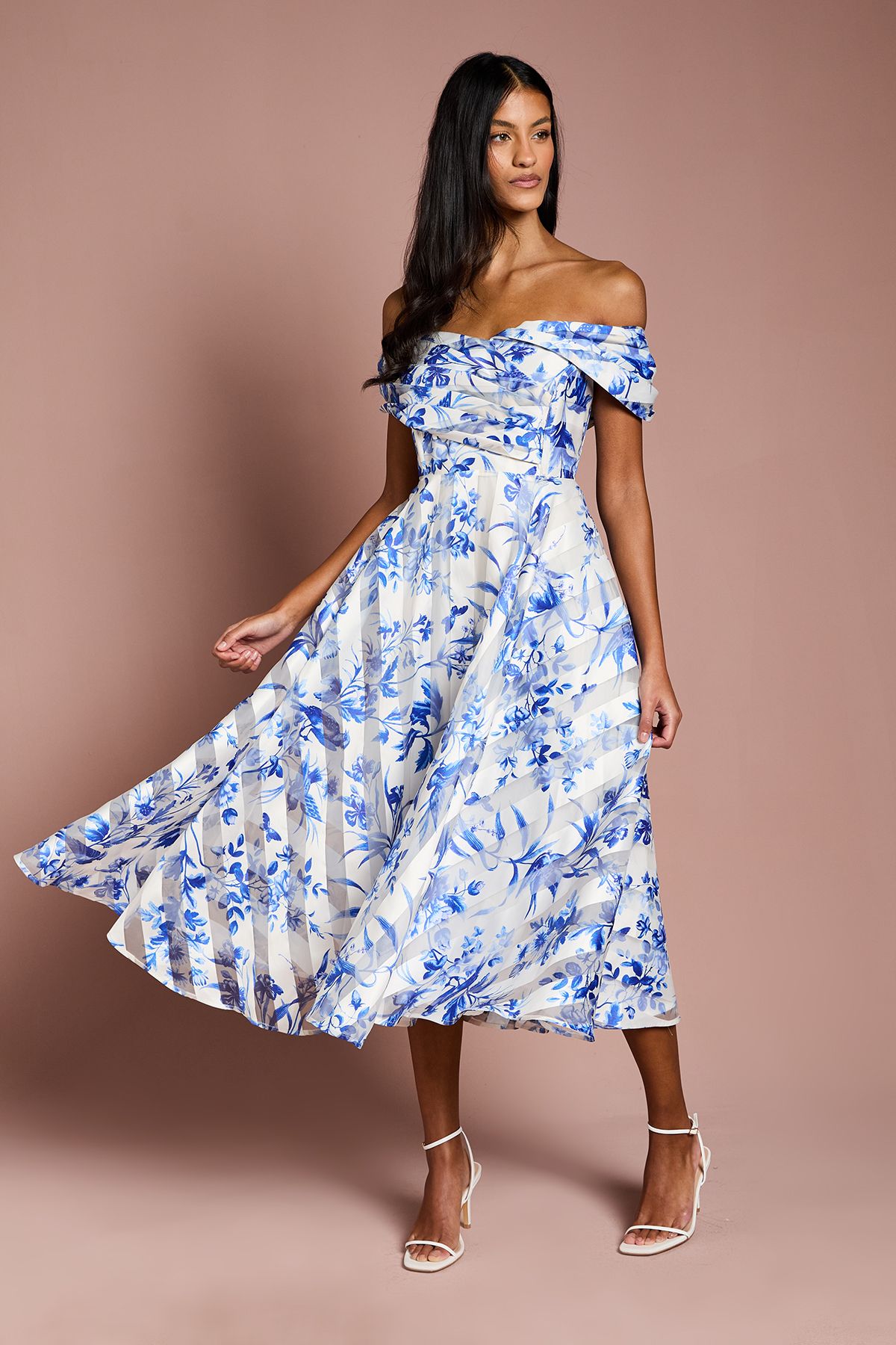 Coast Petite Stripe Organza Pleated Top Midi Dress Ivory