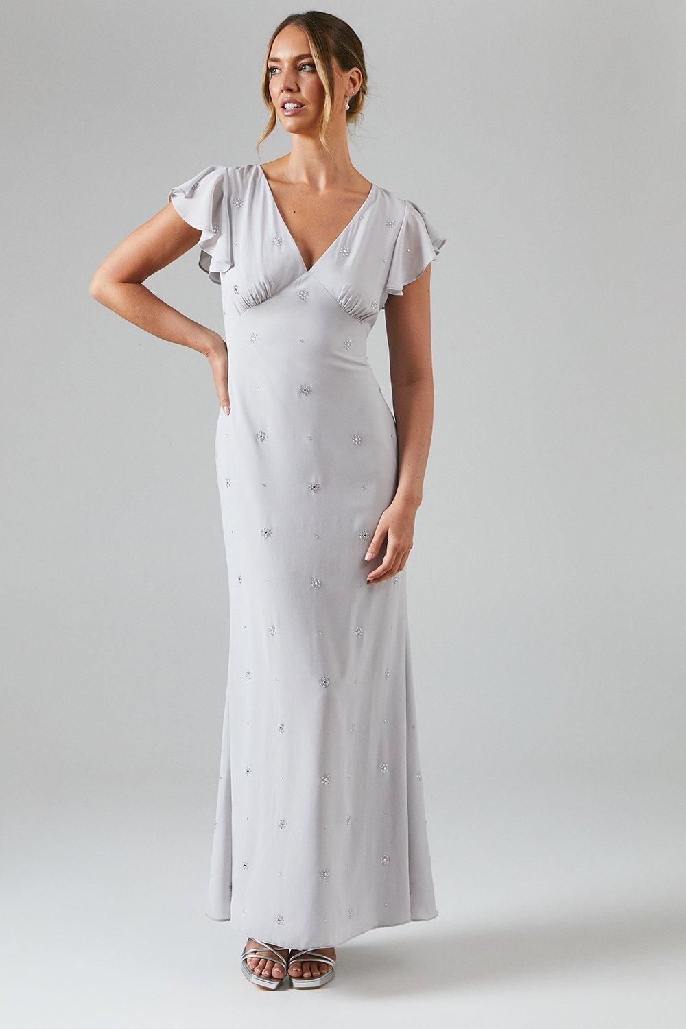 Coast V Neck Georgette Embellished Maxi Bridesmaid Dress Grey Mist
