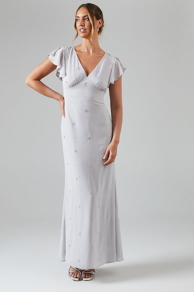 Coast V Neck Georgette Embellished Maxi Bridesmaid Dress Grey Mist