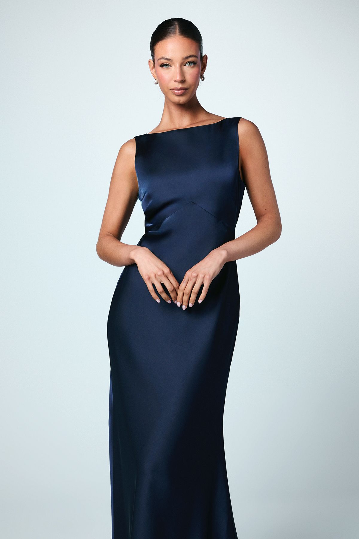 Coast Satin V Back Maxi Bridemaid Dress with Back Sash Detail Navy image 2