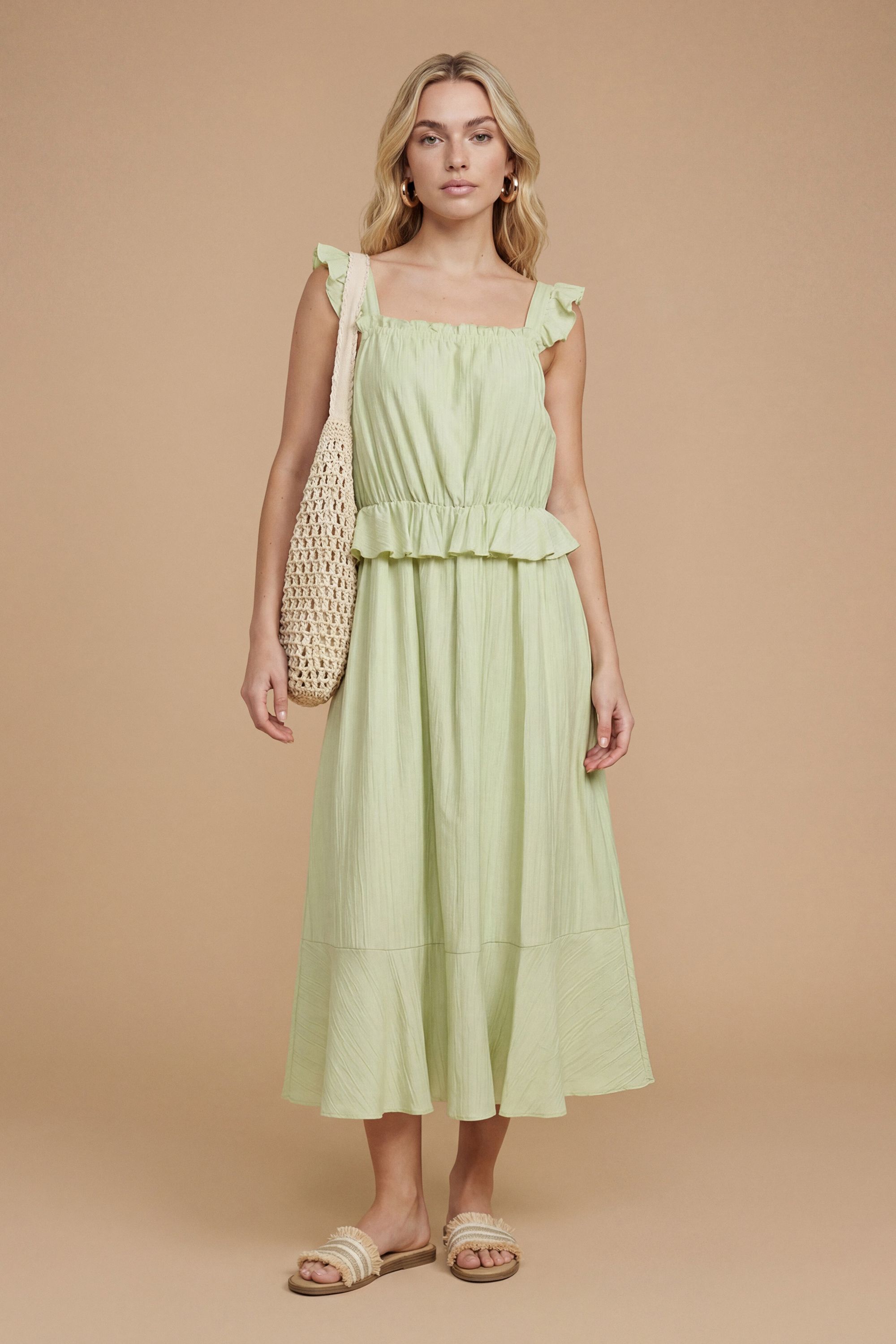 Dorothy Perkins Ruffle Frill Elasticated Waist Midi Dress Green