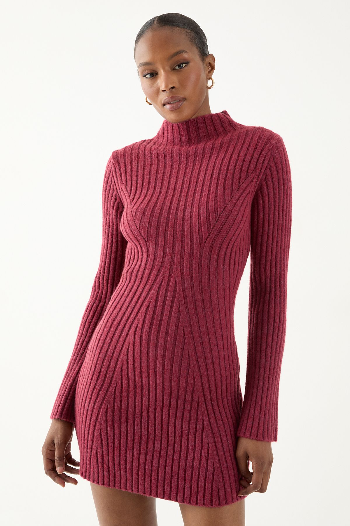 MissPap Knitted Ribbed Flute Long Sleeve Mini Dress Berry image 2
