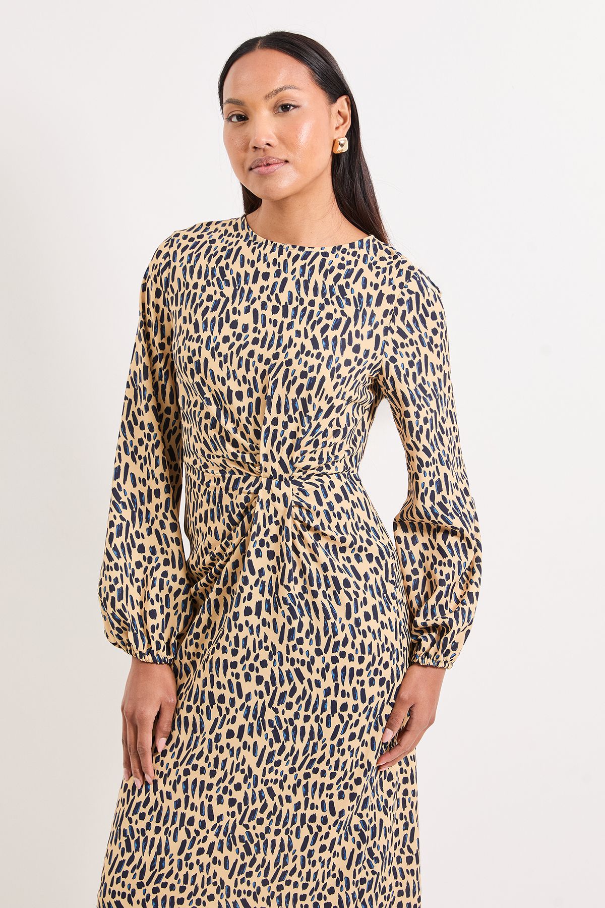 Principles Printed Tuck Front Detail Midi Dress Beige image 4