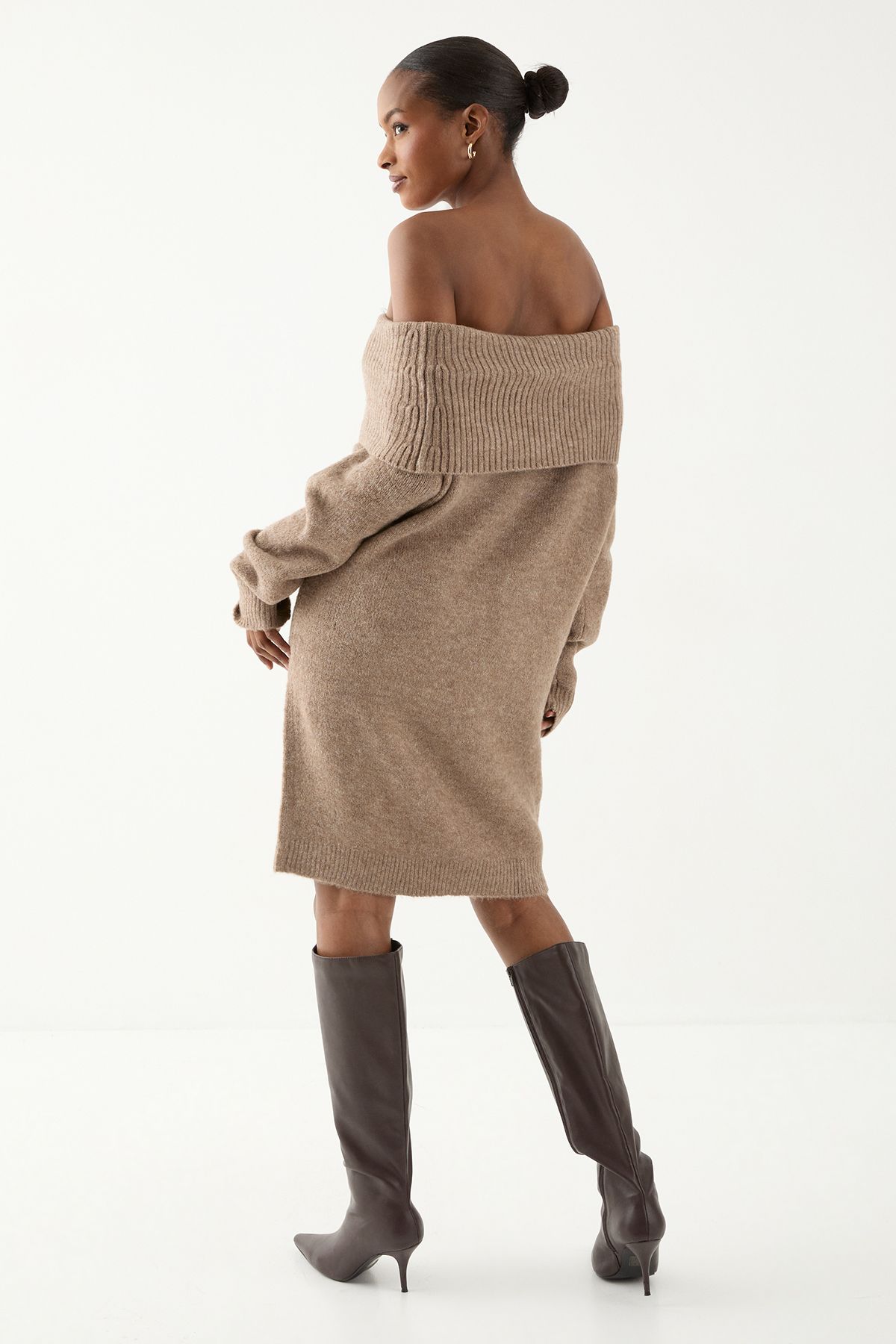 MissPap Premium Knit Bardot Foldover Jumper Dress Mocha image 5