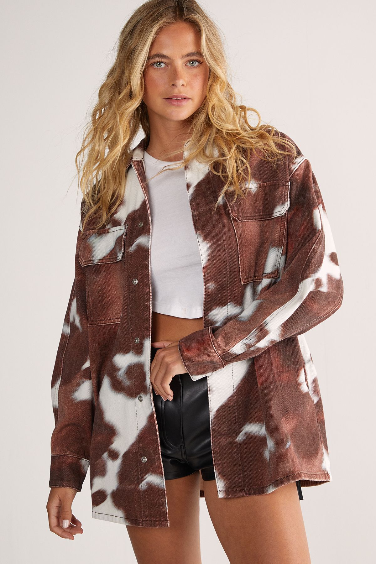 NastyGal Animal Cow Print Denim Oversized Shirt Chocolate image 2