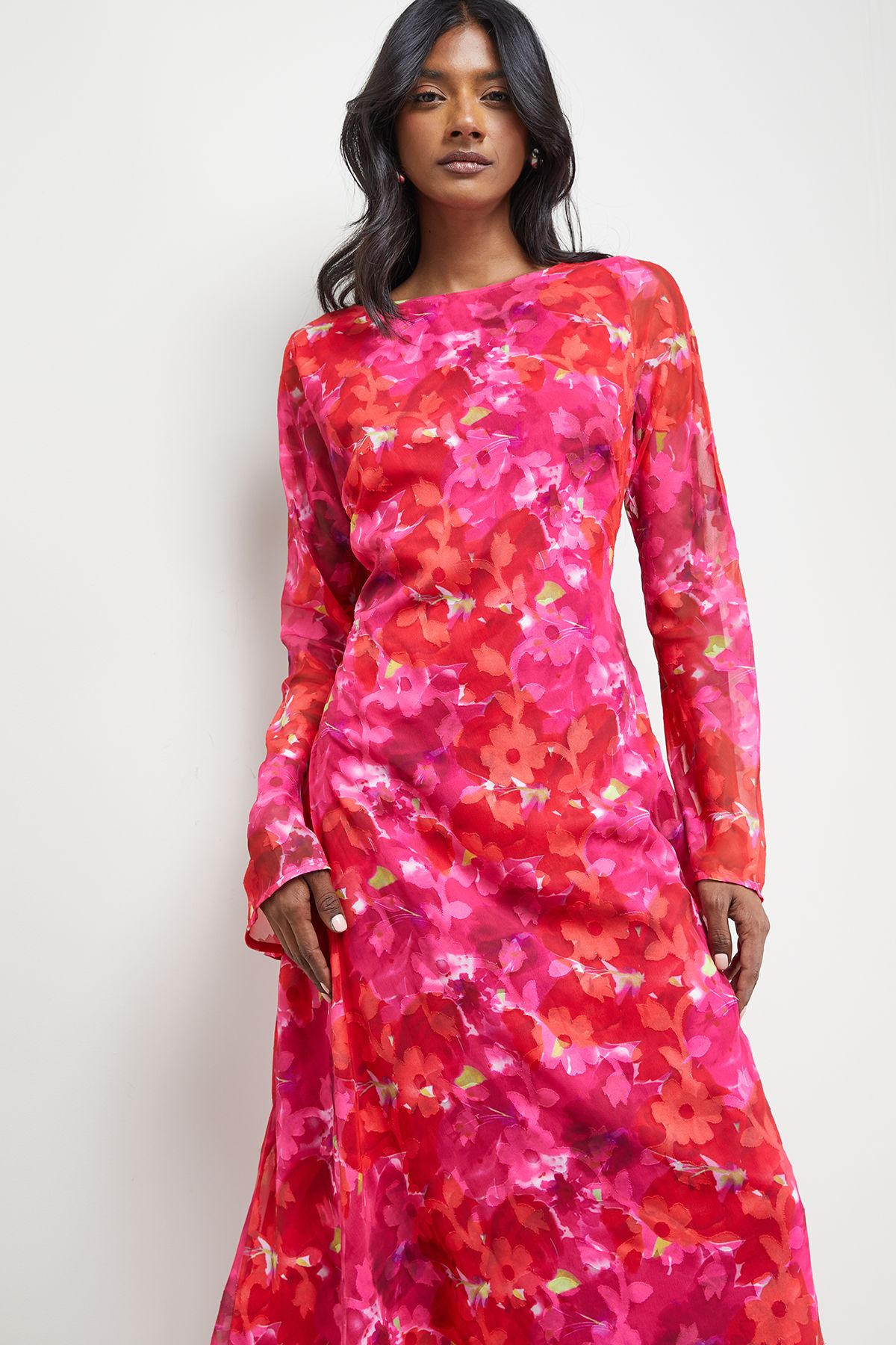 Warehouse Burnout Floral Chiffon Slash Neck Bias Midi Dress Pink image 1