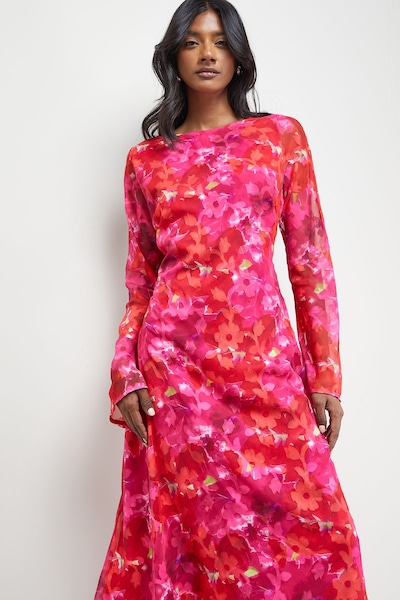 Warehouse Burnout Floral Chiffon Slash Neck Bias Midi Dress Pink