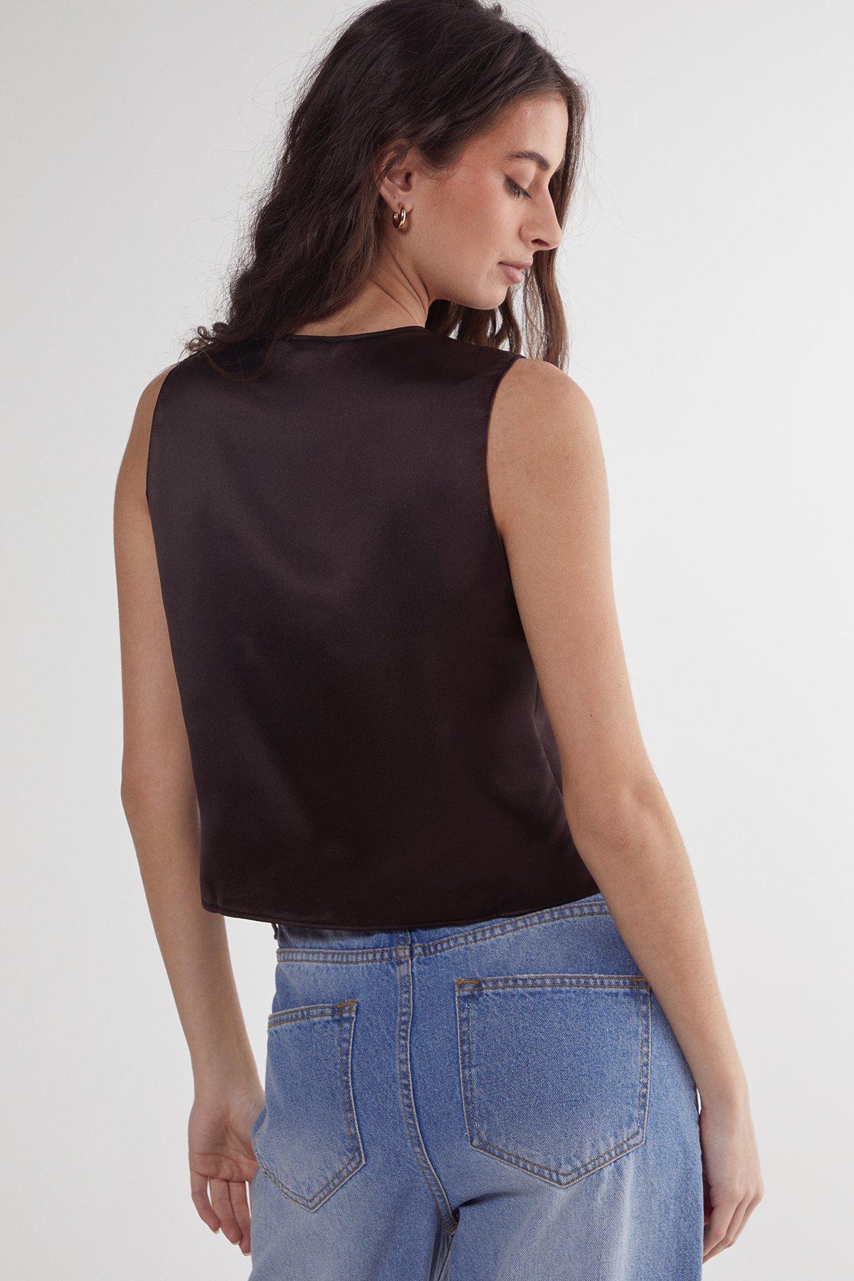 NastyGal Satin Tie Front Vest Chocolate image 3