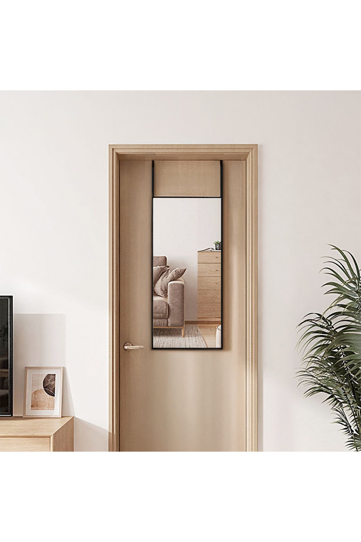 Living and Home 28x78cm Black Metal Frame Wall-Mounted Mirror with Hooks & for Door, Bedroom & Dorm Use image 2