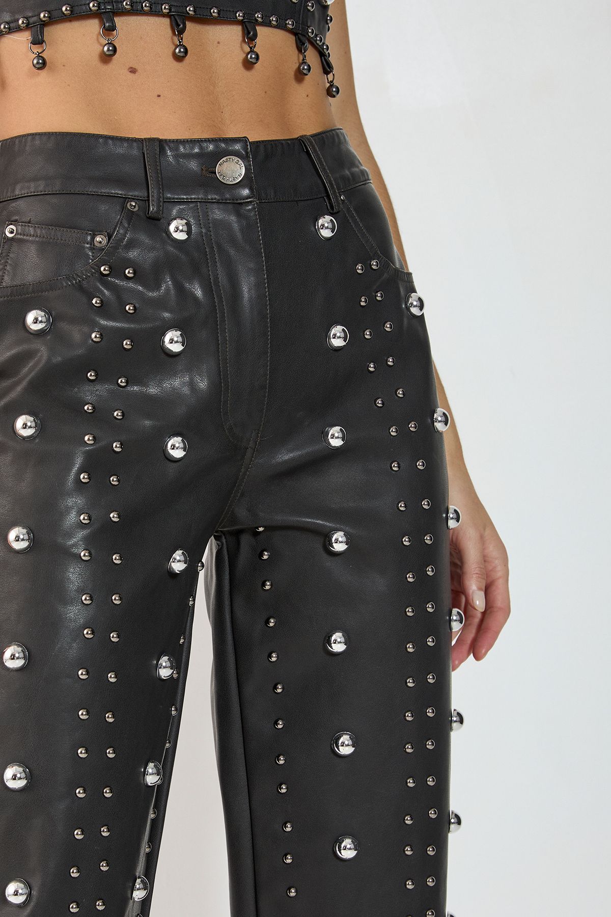 NastyGal Faux Leather Studded Straight Leg Pants Black image 3
