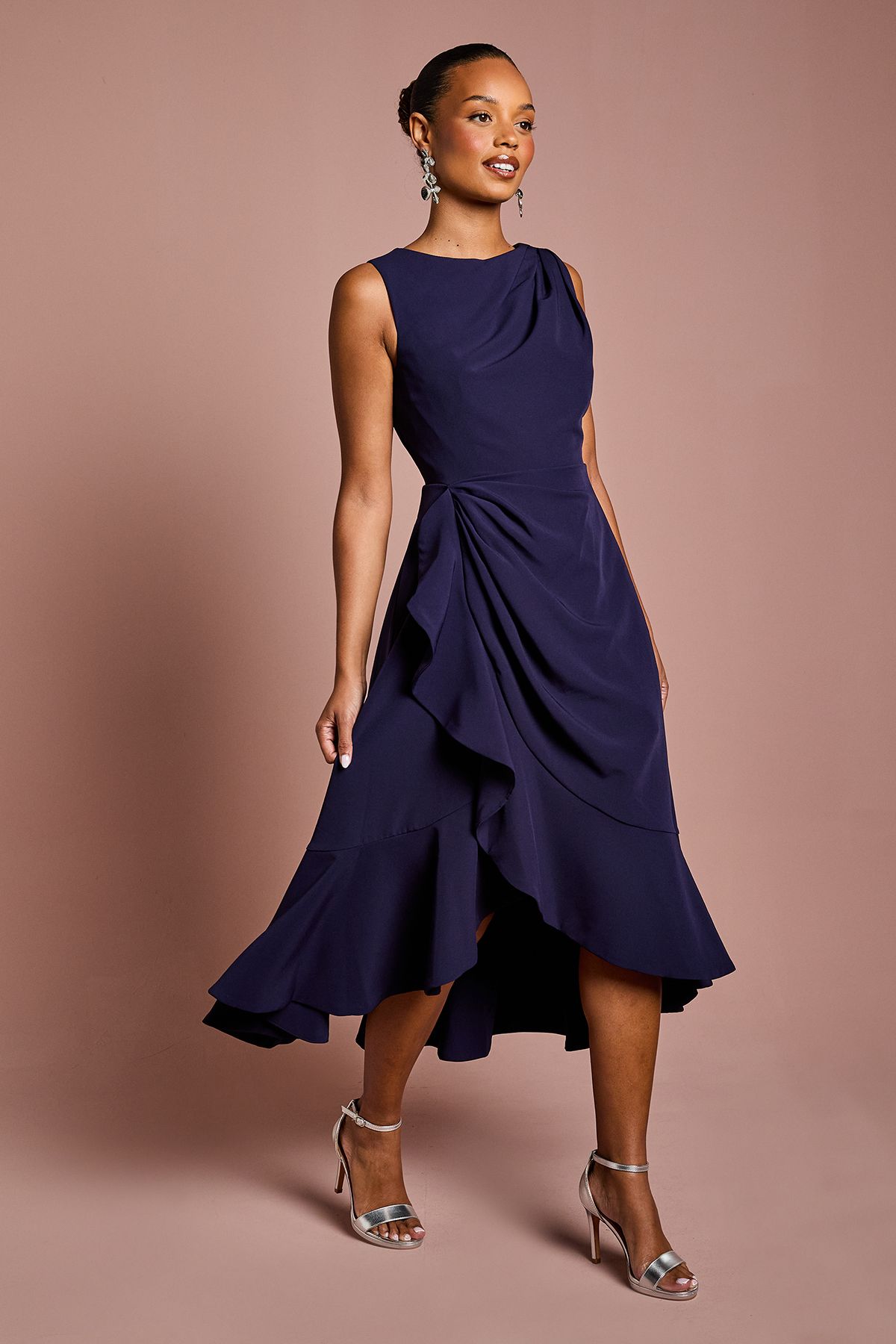 Coast Petite Crepe Ruffle Dress With Low Back Navy image 1