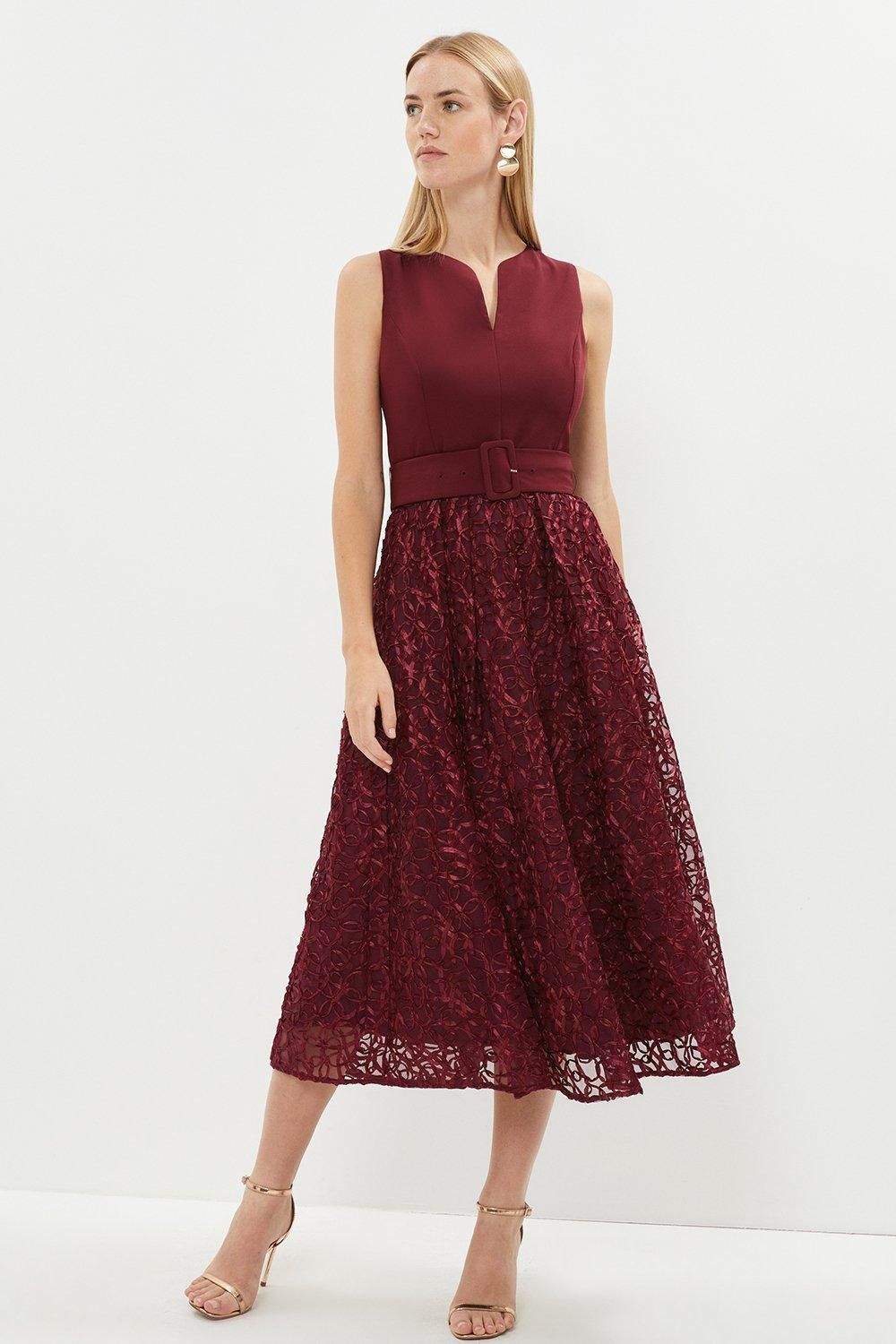 Coast Notch Neck Belted Embroidered Midi Dress Aubergine image 1